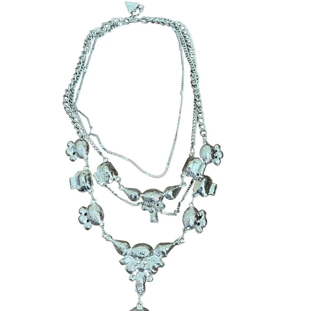 GUESS Silver Tone Layered Statement‎ Necklace Pastel Crystal Bib Multi Chain Y2K